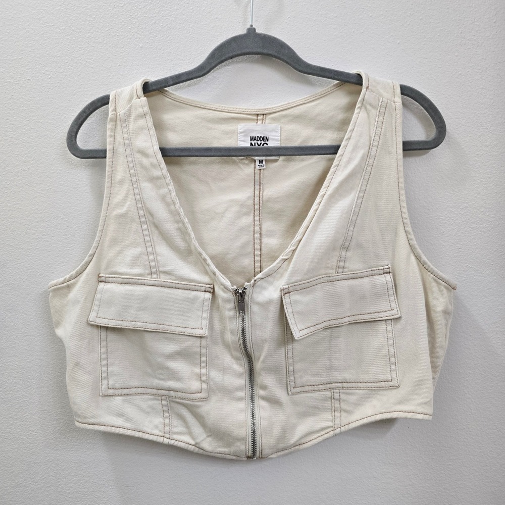 Madden NYC‎ Womens Cream Denim Zip Up Utility Cargo Cropped Vest MED Streetwear